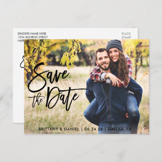 Carte Postale Photo Enregistrer La Date Moderne Brush Script (Devant / Derrière)