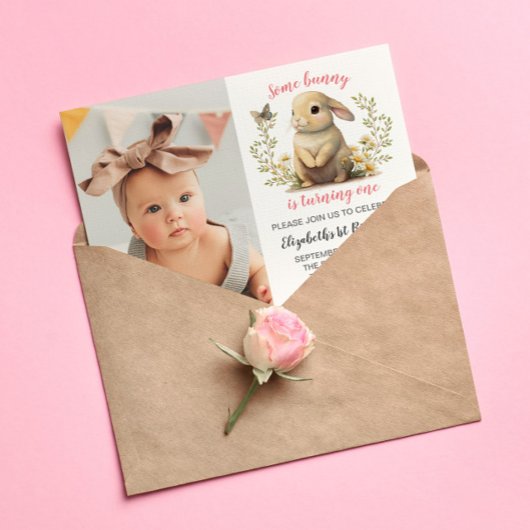 Carte Postale Photo Fille Lapin de Pâques Anniversaire Invitatio