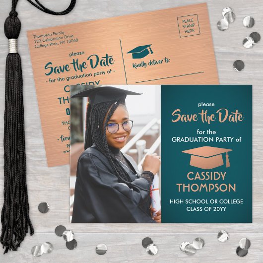 Carte Postale Photo Graduation Turquoise & Faux Copper Enregistr
