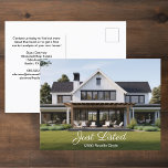 Carte Postale Photo Maison juste répertoriée Marketing immobilie<br><div class="desc">Montrez votre nouvelle liste d'habitation avec ces cartes postales marketing modernes avec une superposition de script blanc qui lisent Juste listé au-dessus de l'adresse de la maison et la photo personnalisable. Envoyez ces cartes postales chic et minimalistes pour attirer de nouveaux acheteurs ou clients potentiels dans votre région de l'immobilier....</div>