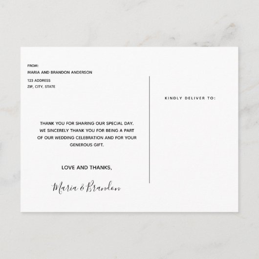 Carte Postale photo mariage noir blanc script merci (Dos)