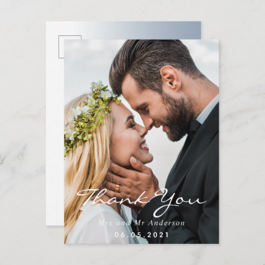 Carte Postale Photo merci, bleu poussiéreux script mariage (Devant / Derrière)