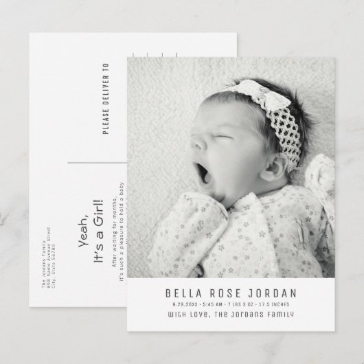 Carte Postale Photo minimaliste moderne Faire-part de naissance (Devant / Derrière)