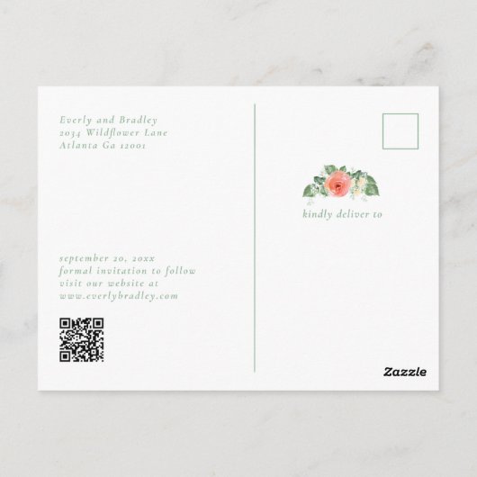 Carte Postale Photo QR Code Budget Floral Enregistrer la date Ca (Dos)