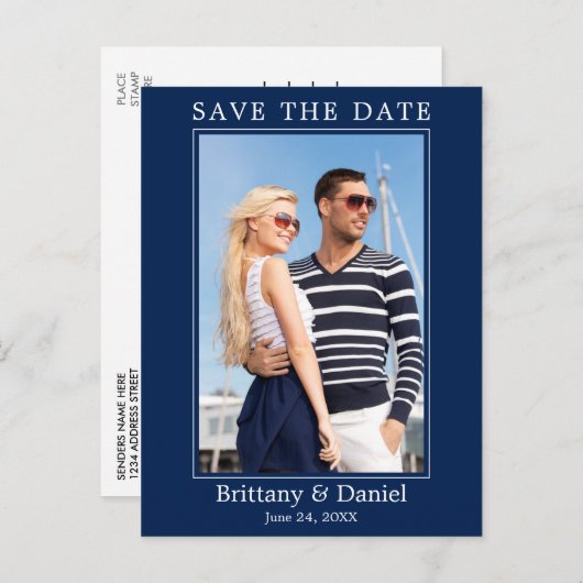 Carte Postale Photo Simple Moderne Enregistrer La Date Marine Bl (Devant / Derrière)