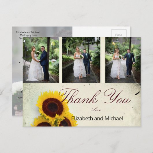 Carte Postale Photo Tournesol Rustique Élégant Remerciement de M (Devant / Derrière)