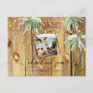 Carte Postale Photo Tropical Palm & Wood Couple Save Our Date