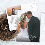 Carte Postale Photographies de script lettres à la main Mariage<br><div class="desc">Elégant et simple mariage merci carte postale modèle avec texte de script de typographie écrit à la main avec un coeur entre les mots. Ajoutez votre photo préférée saignée complète à l'avant et une autre photo à l'arrière avec le message par défaut à l'arrière qui est modifiable.</div>