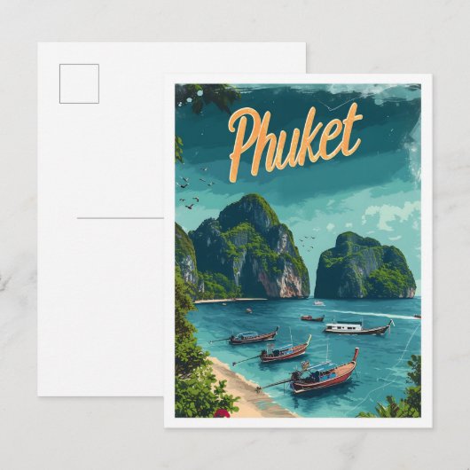 Carte Postale Phuket Thaïlande Illustration de voyage d'art Vint (Devant / Derrière)
