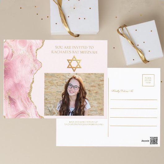 Carte Postale Pic Rose Gold Agate Bat mitzvah Photo Party
