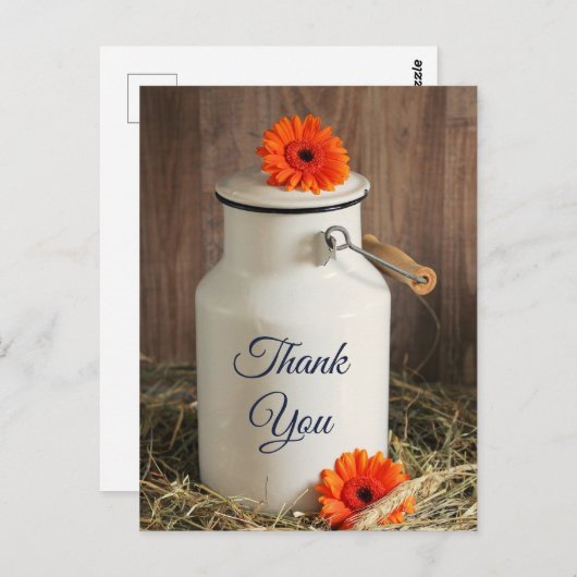 Carte Postale Pichet à Lait Blanc Rustique avec Fleurs Merci (Devant / Derrière)