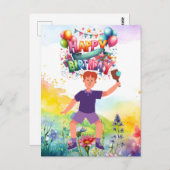 Carte Postale Pickleball Anniversaire avec fleurs et arc-en-ciel (Devant / Derrière)