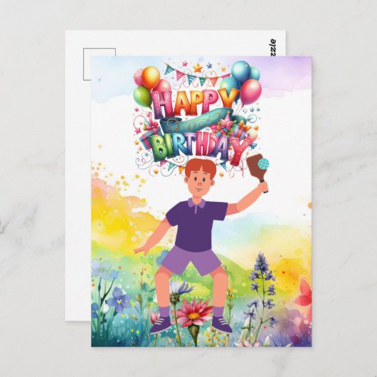 Carte Postale Pickleball Anniversaire avec fleurs et arc-en-ciel (Devant / Derrière)