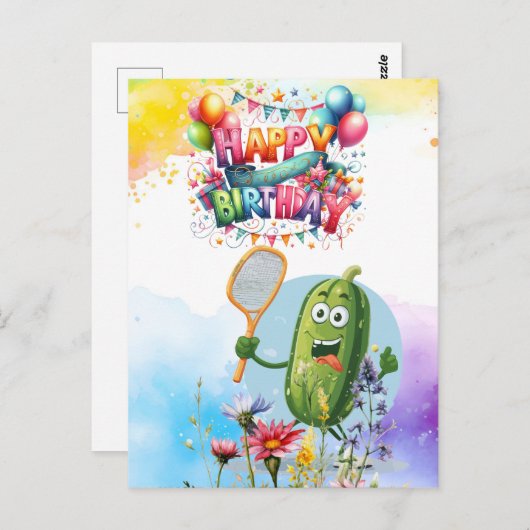 Carte Postale Pickleball avec fleurs arc-en-ciel thème Anniversa (Devant / Derrière)