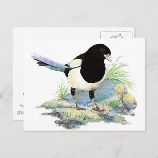 Carte Postale Pie mignonne - oiseau d'aquarelle (Devant / Derrière)