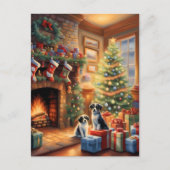 Carte Postale Pièce décorée de façon festive, cheminée, chiens, (Devant)