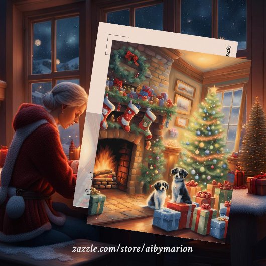 Carte Postale Pièce décorée de façon festive, cheminée, chiens,
