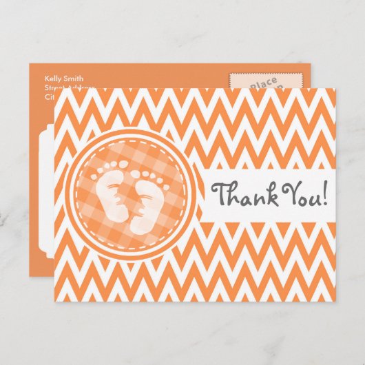 Carte Postale Pieds bébé ; Chevron orange et blanc (Devant / Derrière)