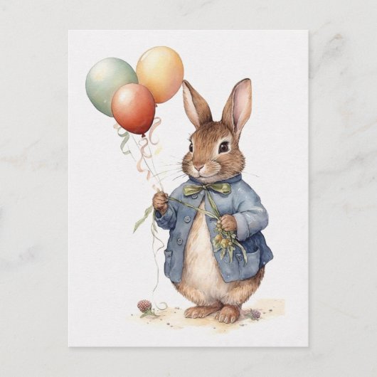 Carte Postale Pierre le lapin bleu veste avec ballons (Devant)