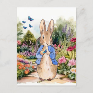 Carte Postale Pierre le lapin dans le jardin avec des papillons 
