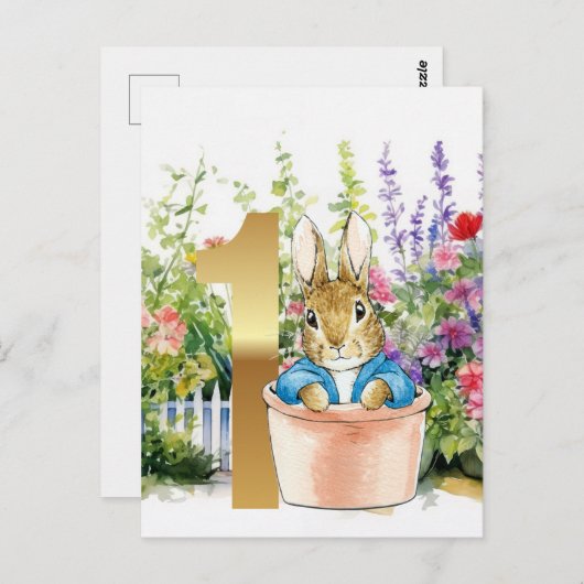 Carte Postale Pierre le lapin dans un pot premier anniversaire (Devant / Derrière)