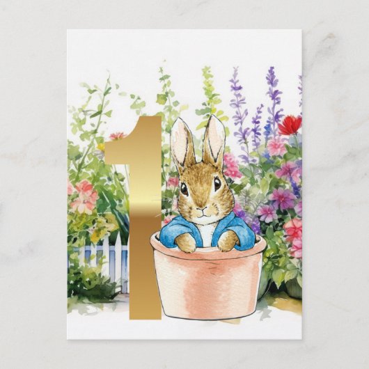 Carte Postale Pierre le lapin dans un pot premier anniversaire (Devant)