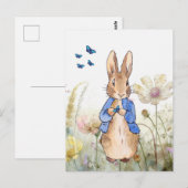Carte Postale Pierre le lapin fleur sauvage et papillons bleus (Devant / Derrière)
