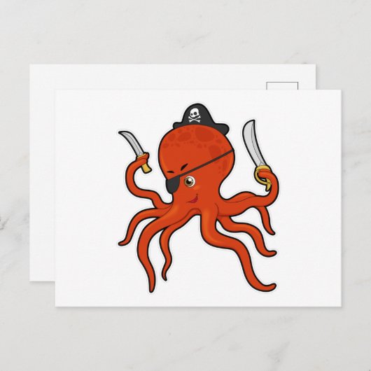 Carte Postale Pieuvre en pirate avec épée et couteau (Devant / Derrière)