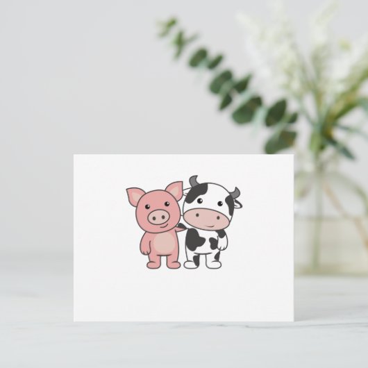 Carte Postale Pig Vache Piggy Cute Animaux de ferme (Debout devant)