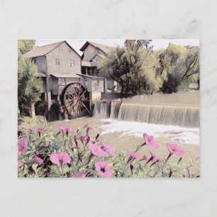 Carte Postale Pigeon Forge Old Mill aquarelle avec fleurs