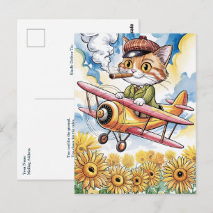 Carte Postale Pilote de Chat Drôle Anniversaire Biplan Avion Tou