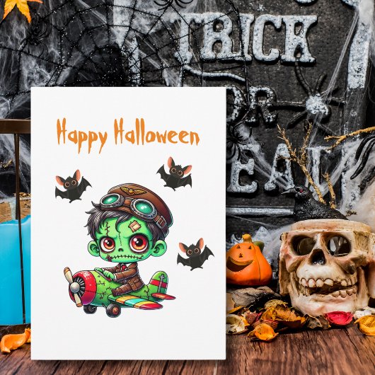 Carte Postale Pilote Zombie avion volant et Bat Funny Halloween