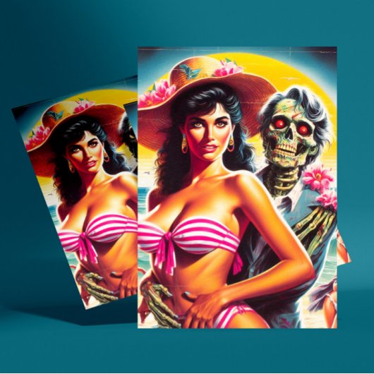 Carte Postale Pin-up de plage zombie flippant