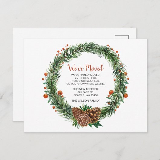 Carte Postale Pine cône Wreath We've Moved Holiday Faire-part (Devant / Derrière)