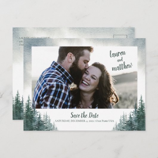 Carte Postale Pine Tree Mariage rustique Enregistrer la Date ave (Devant / Derrière)