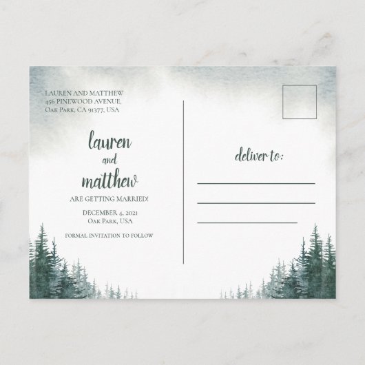 Carte Postale Pine Tree Mariage rustique Enregistrer la Date ave (Dos)