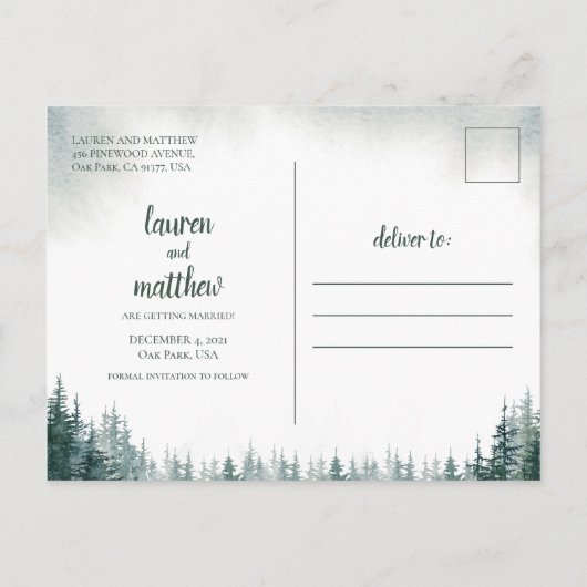 Carte Postale Pine Tree Mariage rustique Enregistrer La Date Car (Dos)
