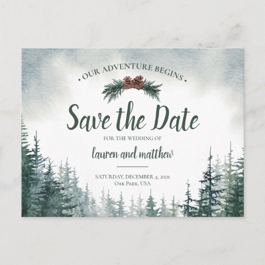 Carte Postale Pine Tree Mariage rustique Enregistrer La Date Car (Devant)