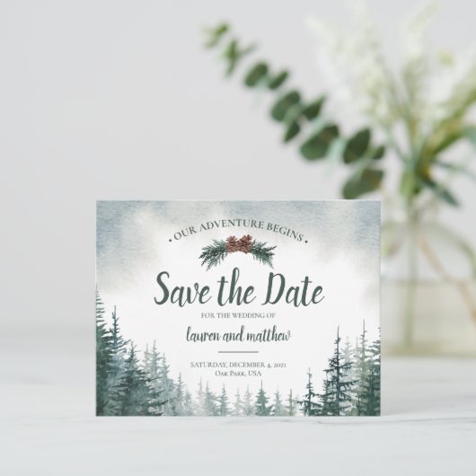 Carte Postale Pine Tree Mariage rustique Enregistrer La Date Car (Debout devant)