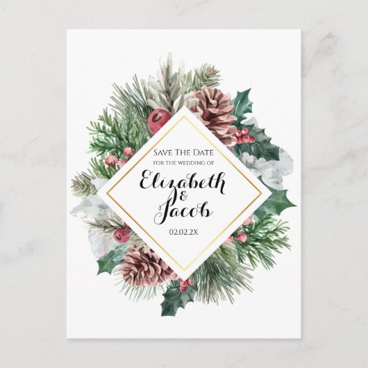 Carte Postale Pinecones d'hiver et Holly Enregistrer la date (Devant)