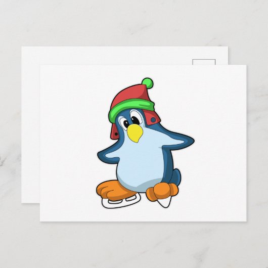 Carte Postale Pingouin at Ice skating with Ice skates (Devant / Derrière)