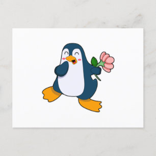 Carte Postale Pingouin avec fleur de rosa