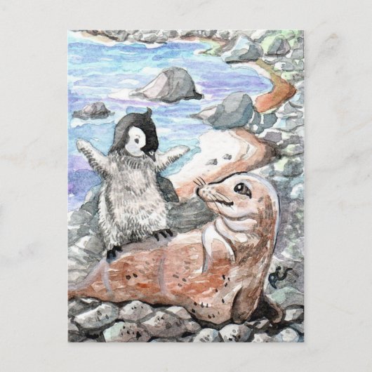 Carte Postale Pingouin avec phoque bébé (Devant)