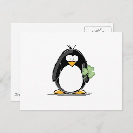 Carte Postale Pingouin avec un Shamrock (Devant / Derrière)
