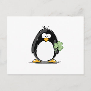 Carte Postale Pingouin avec un Shamrock