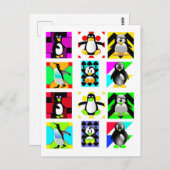 Carte Postale Pingouin Cartoon Oiseaux Collage d'art Abstrait (Devant / Derrière)