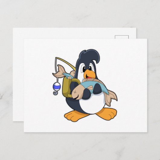 Carte Postale Pingouin comme pêcheur avec poisson (Devant / Derrière)