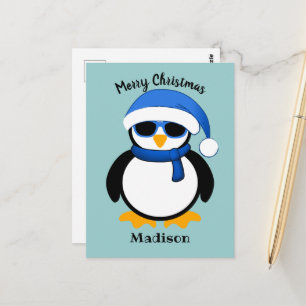 Carte Postale Pingouin cool joli Joyeux bleu de Noël