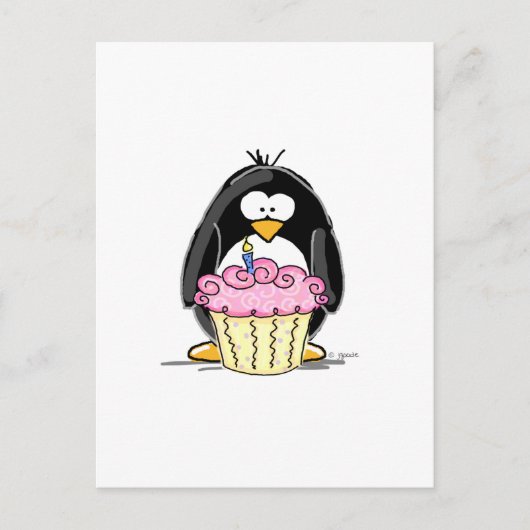Carte Postale Pingouin d'anniversaire avec Cupcake (Devant)