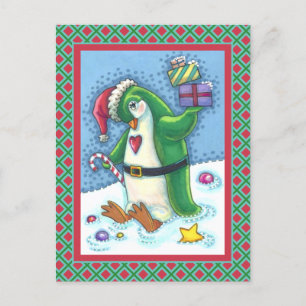 CARTE POSTALE PINGOUIN DE NOËL FRAÎCHE EN VERT, VACANCES